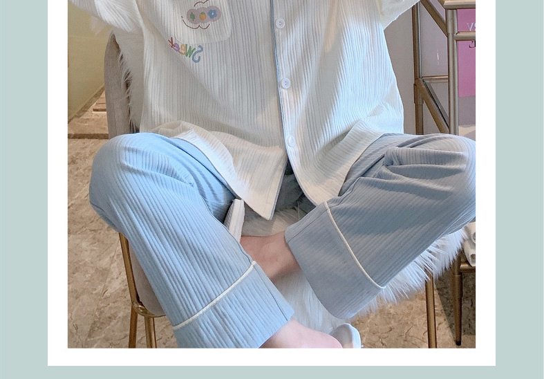 Fashion 6612 Light Blue Bow Rabbit Cotton Lapel Printed Long Sleeve Pajama Set,Kids Clothing