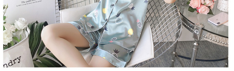 Fashion Blue Cute Bear Ice Silk Geometric Print Pajama Set,CURVE SLEEP & LOUNGE