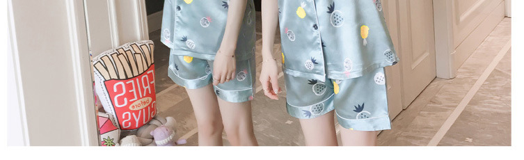 Fashion Blue Cute Bear Ice Silk Geometric Print Pajama Set,CURVE SLEEP & LOUNGE