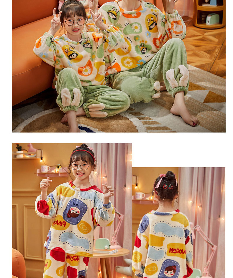 Fashion 367 Yellow Pants Gluttonous Girl (8-16 Size) Coral Velvet Cartoon Print Parent-child Pajamas Set,CURVE SLEEP & LOUNGE
