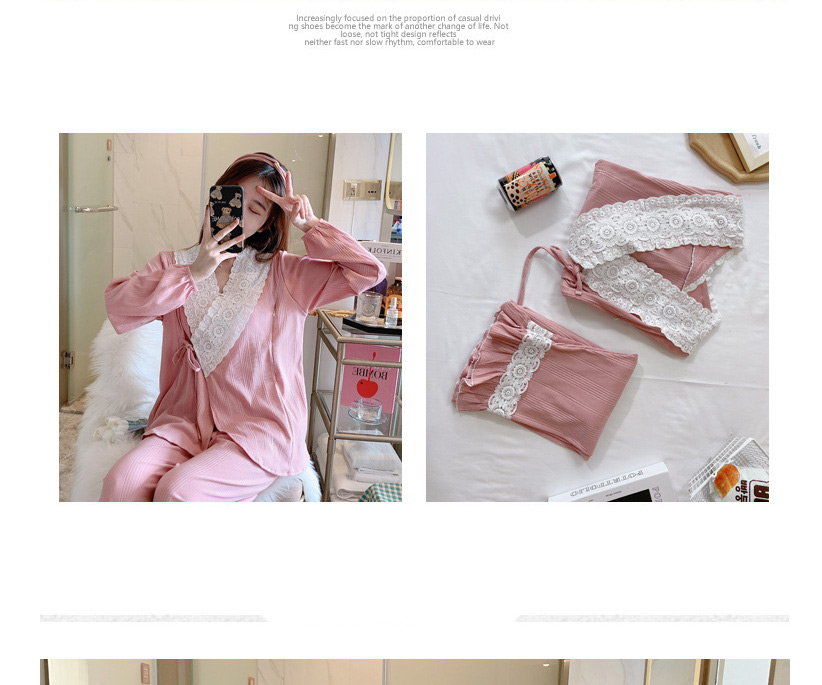 Fashion Bean Paste Powder (pit Strips) Pure Cotton Lace Collar Hollow Pajama Set,CURVE SLEEP & LOUNGE