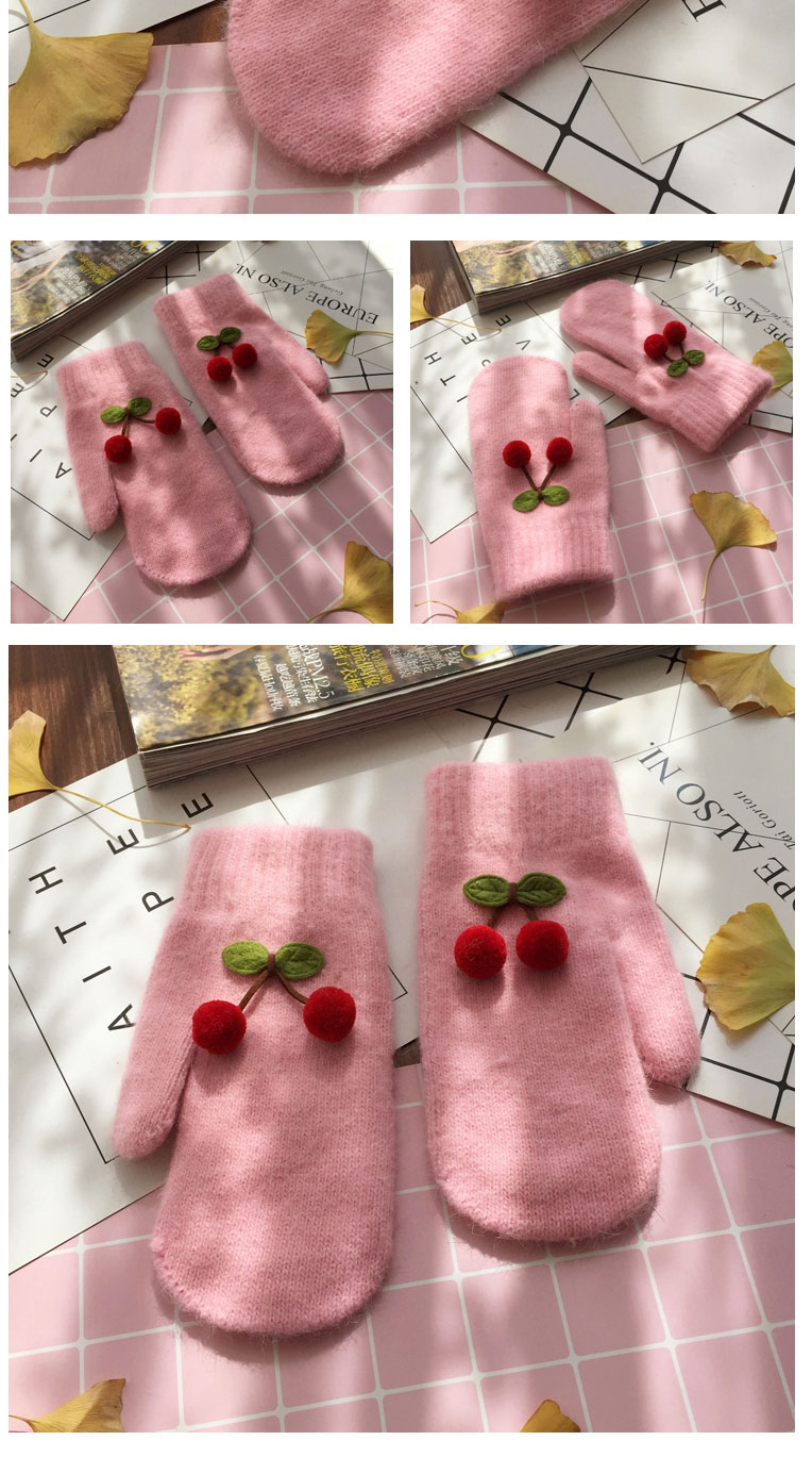 Fashion Light Gray/pink Cherry Rabbit Fur Knitted Cherry And Velvet Mittens,Full Finger Gloves
