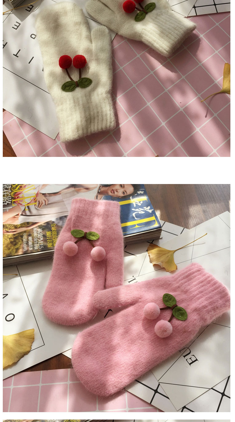 Fashion Pink/red Cherry Rabbit Fur Knitted Cherry And Velvet Mittens,Full Finger Gloves