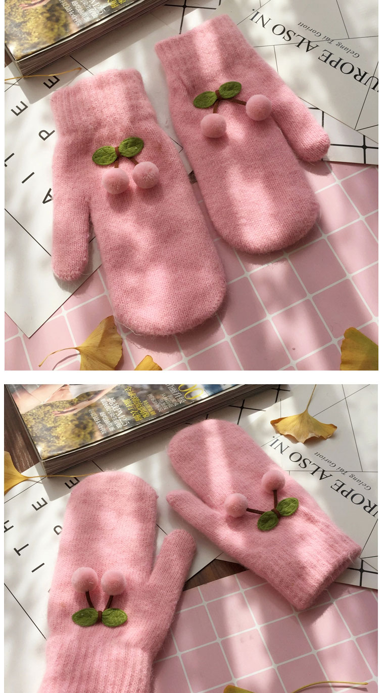 Fashion Pink/pink Cherry Rabbit Fur Knitted Cherry And Velvet Mittens,Full Finger Gloves