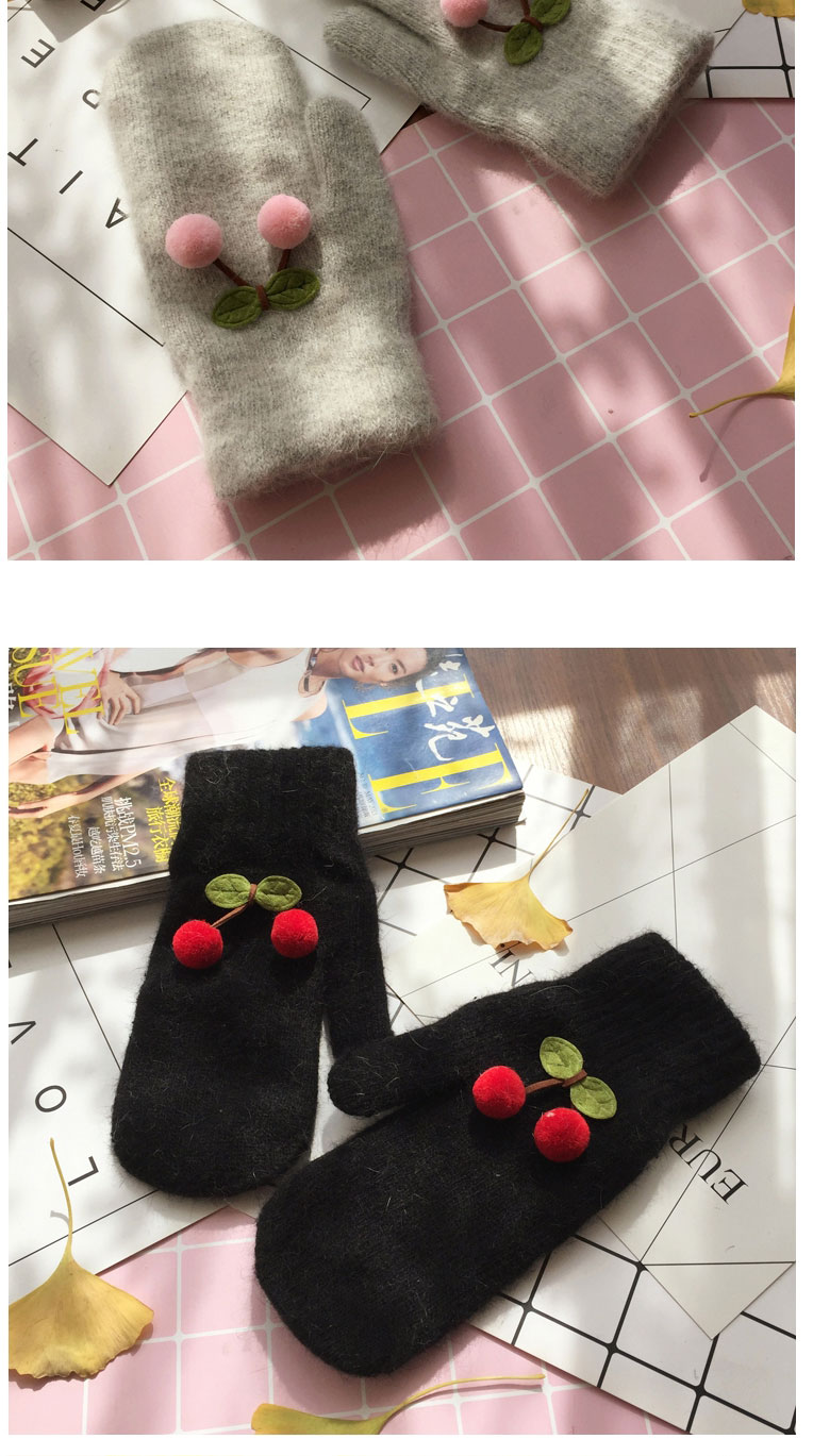 Fashion White/red Cherry Rabbit Fur Knitted Cherry And Velvet Mittens,Full Finger Gloves