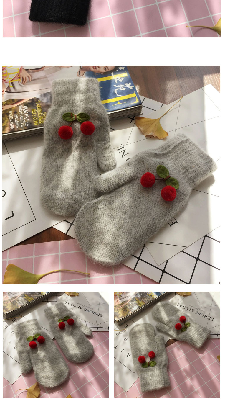 Fashion Black/red Cherry Rabbit Fur Knitted Cherry And Velvet Mittens,Full Finger Gloves