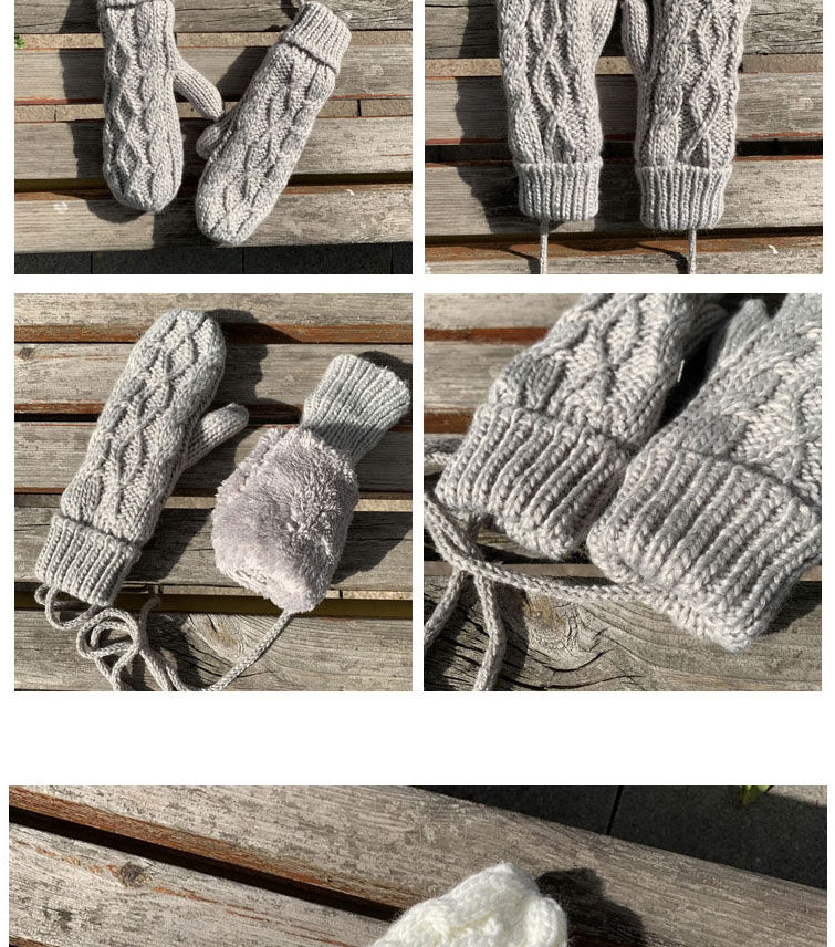 Fashion Light Gray Twist Knit And Velvet Halter Mittens,Full Finger Gloves