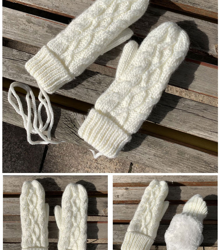 Fashion White Twist Knit And Velvet Halter Mittens,Full Finger Gloves