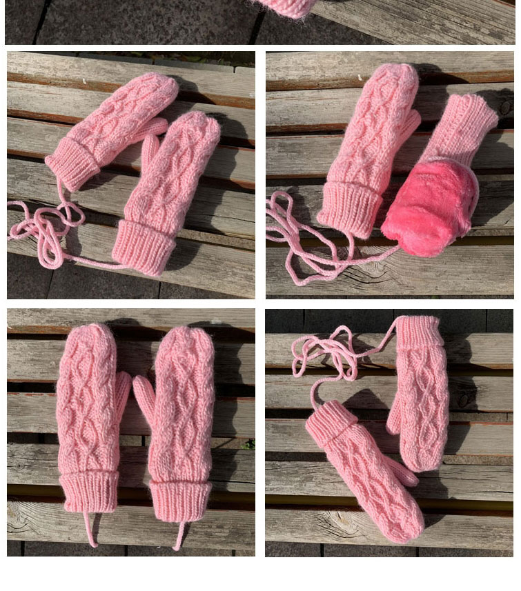 Fashion Light Pink Twist Knit And Velvet Halterneck Mittens,Full Finger Gloves