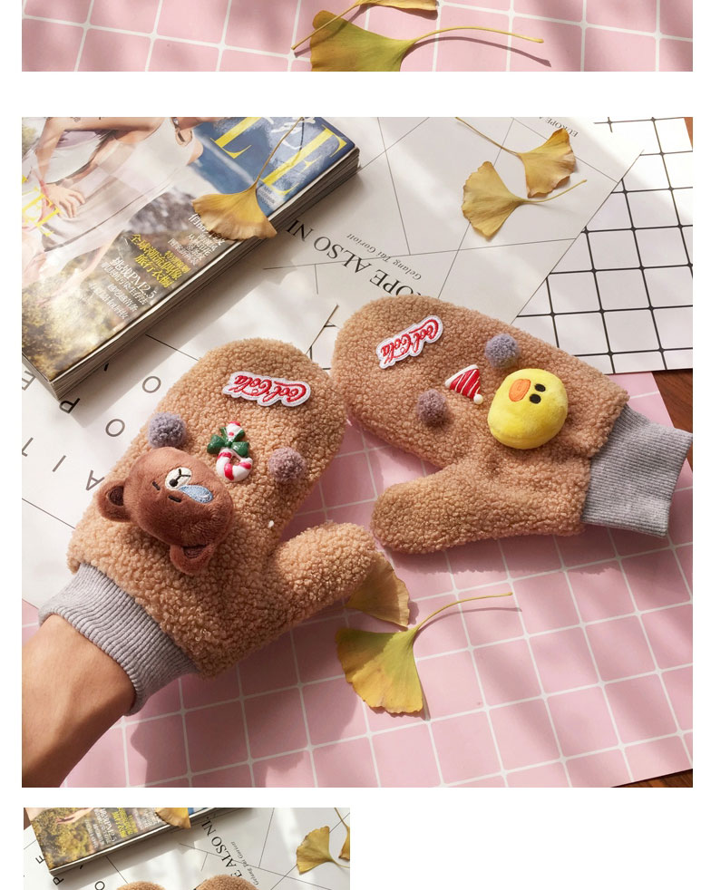 Fashion Khaki Cartoon Plush Mittens,Full Finger Gloves