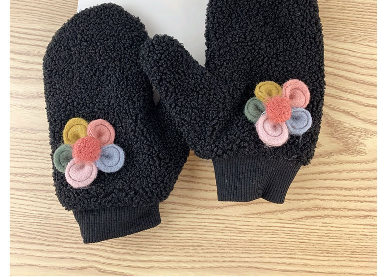 Fashion Black Cartoon Flower Hand Plus Velvet Halter Mittens,Full Finger Gloves