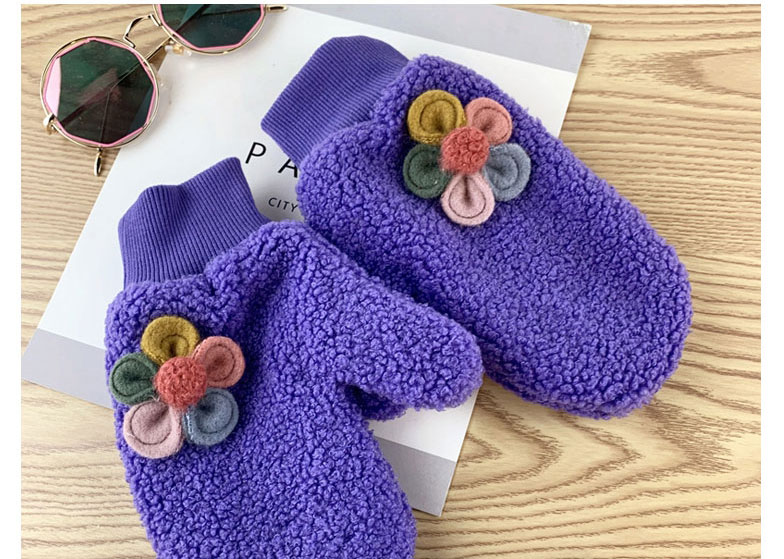 Fashion Purple Cartoon Flower Hand Plus Velvet Halter Mittens,Full Finger Gloves