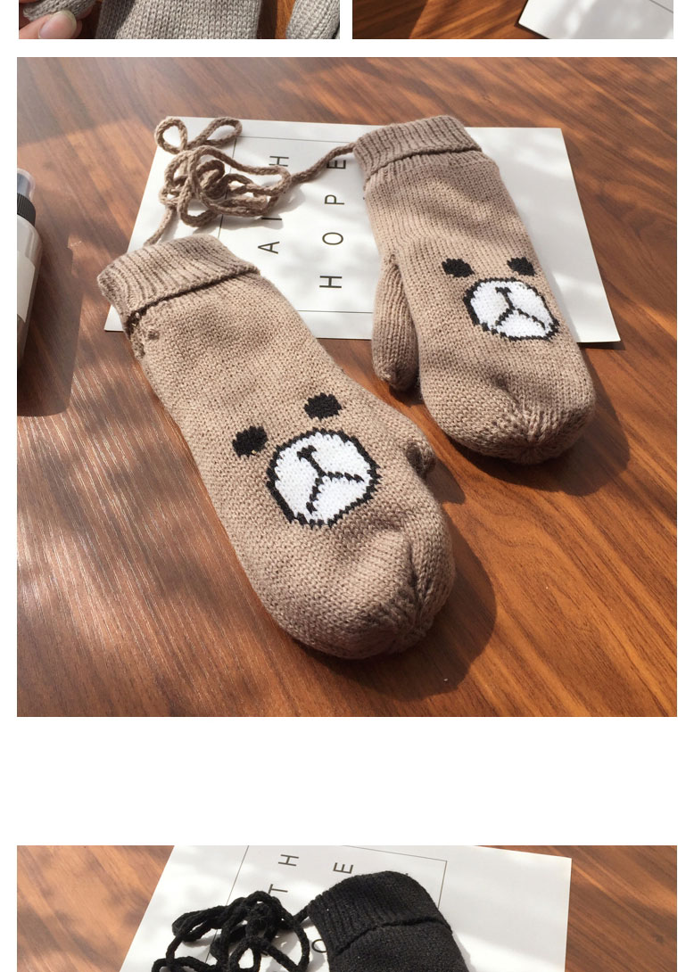 Fashion Black Kumamoto Cartoon Brown Bear Knitted Halter Mittens,Full Finger Gloves