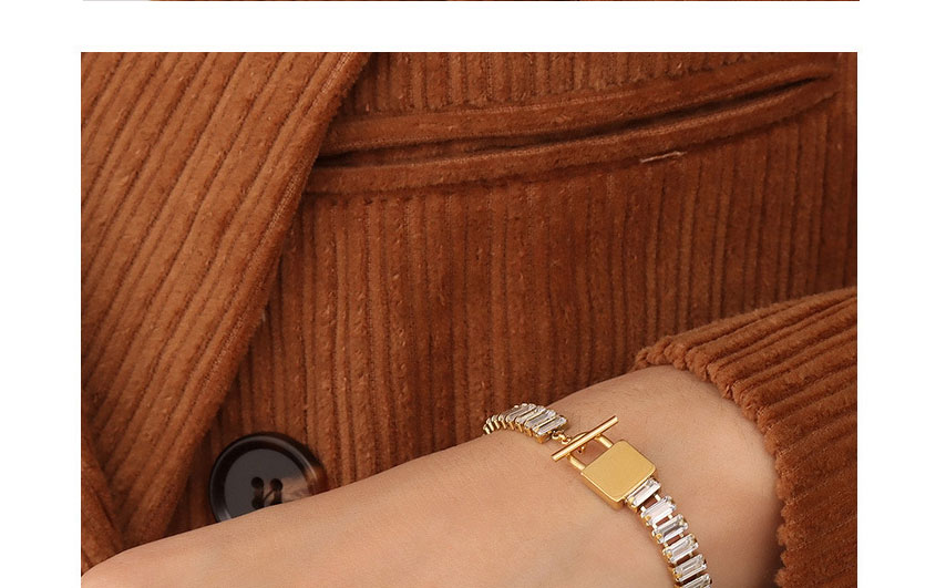 Fashion Steel Color Titanium Steel Gold-plated Inlaid Zirconium Lock T Buckle Bracelet,Bracelets