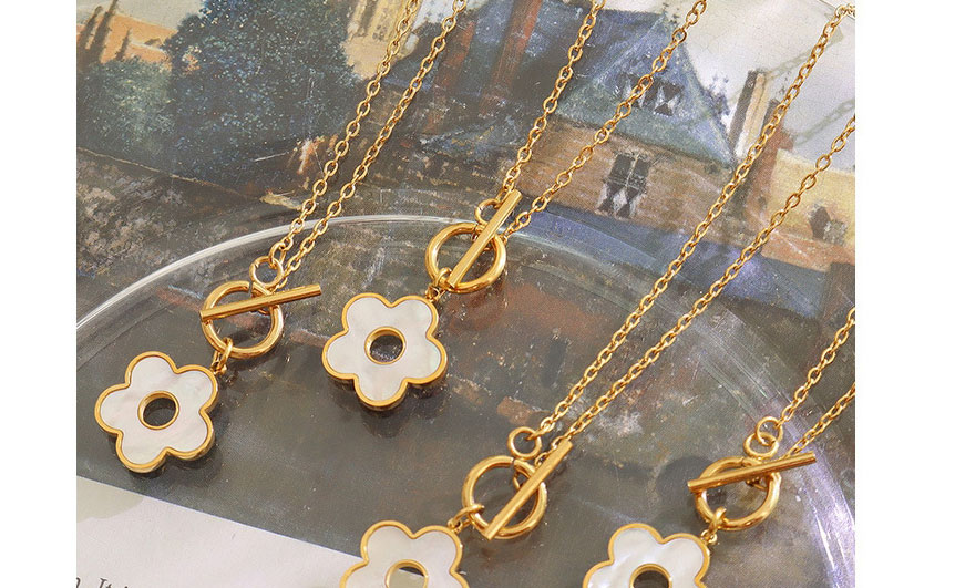 Fashion Gold Color Titanium Steel Gold-plated White Sea Shell Flower Ot Buckle Necklace,Necklaces