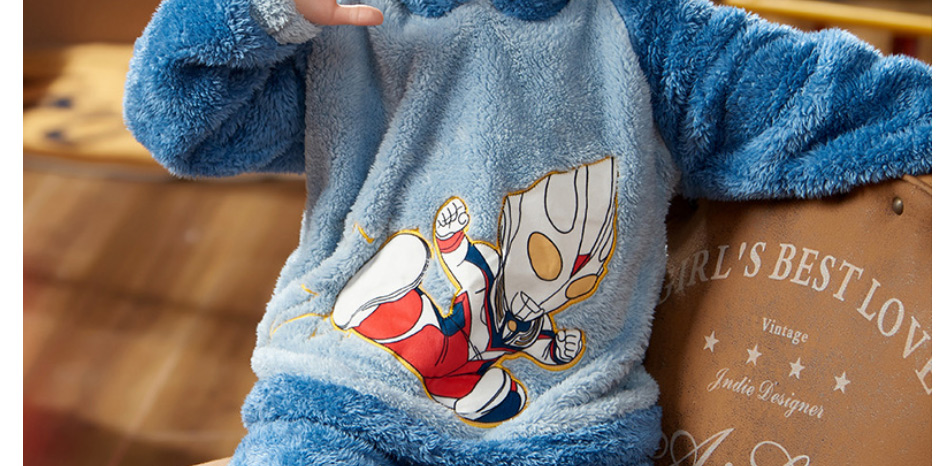 Fashion Tiga Ultraman (8-16 Yards) Coral Velvet Hooded Cartoon Plus Velvet Pajamas For Children,CURVE SLEEP & LOUNGE