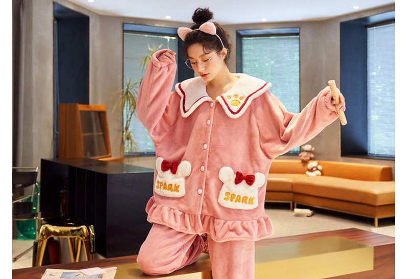 Fashion 3# Coral Fleece Cartoon Long Sleeve Pajama Set,CURVE SLEEP & LOUNGE