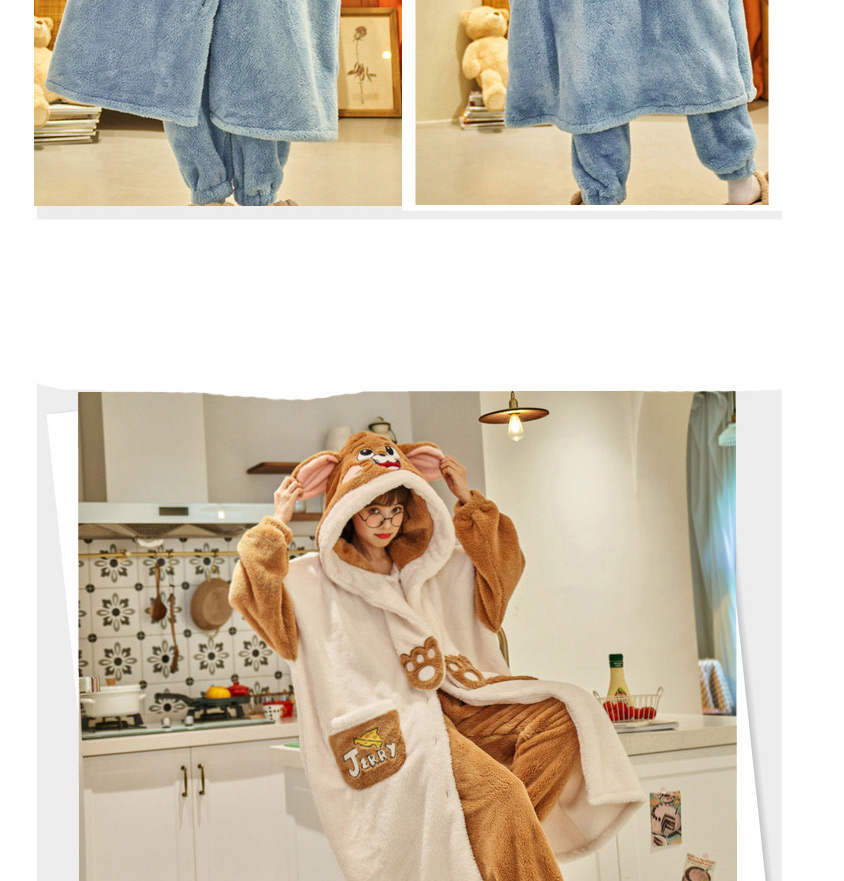 Fashion Cat And Mouse Flannel And Velvet Cartoon Hooded Nightgown And Pants Pajama Set,CURVE SLEEP & LOUNGE