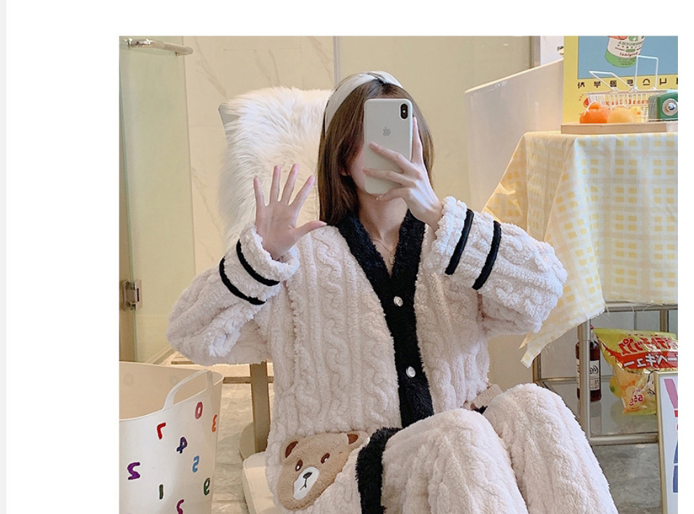 Fashion Bowknot Coral Fleece Geometric Cartoon Pajamas Set,CURVE SLEEP & LOUNGE