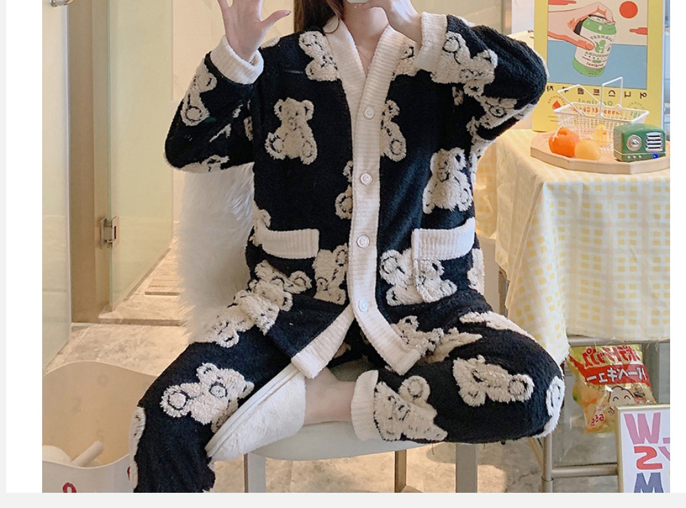 Fashion Black Side Muppet Bear Coral Fleece Geometric Cartoon Pajamas Set,CURVE SLEEP & LOUNGE
