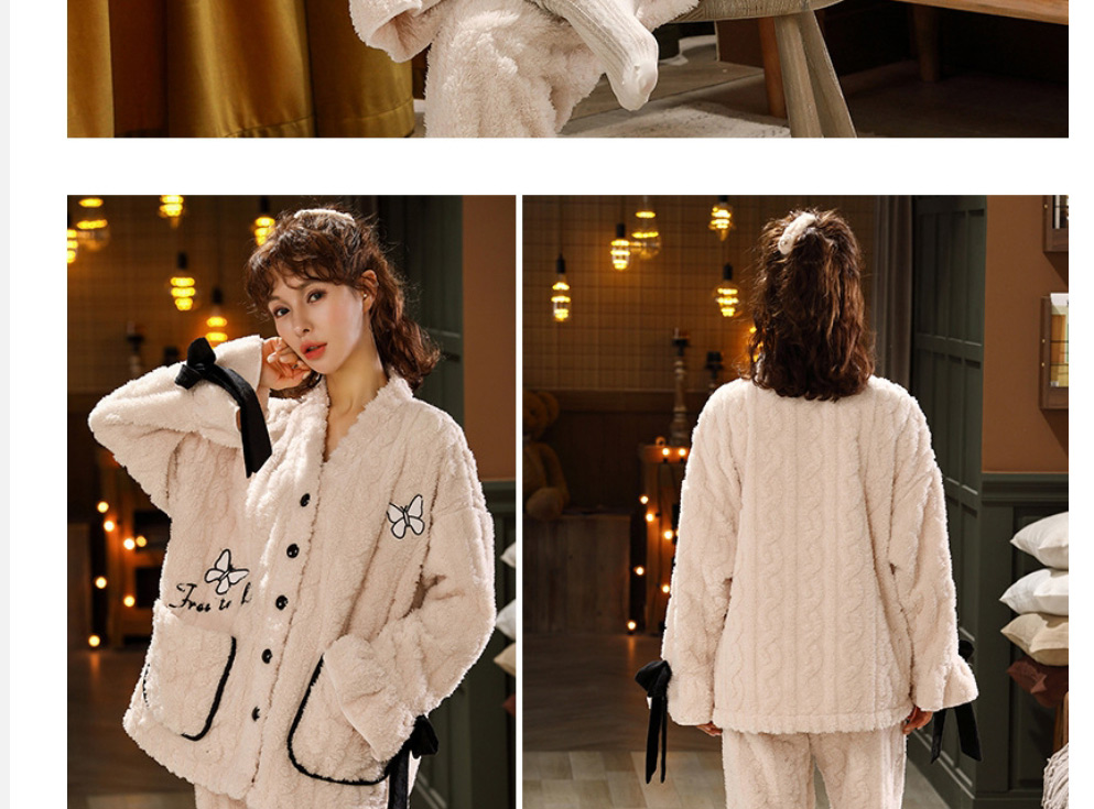 Fashion Bowknot Coral Fleece Geometric Cartoon Pajamas Set,CURVE SLEEP & LOUNGE