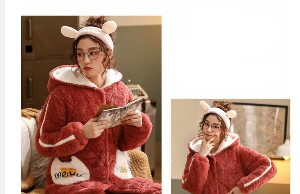 Fashion 9# Coral Fleece Cartoon Thick Quilted Hooded Pajamas Set,CURVE SLEEP & LOUNGE