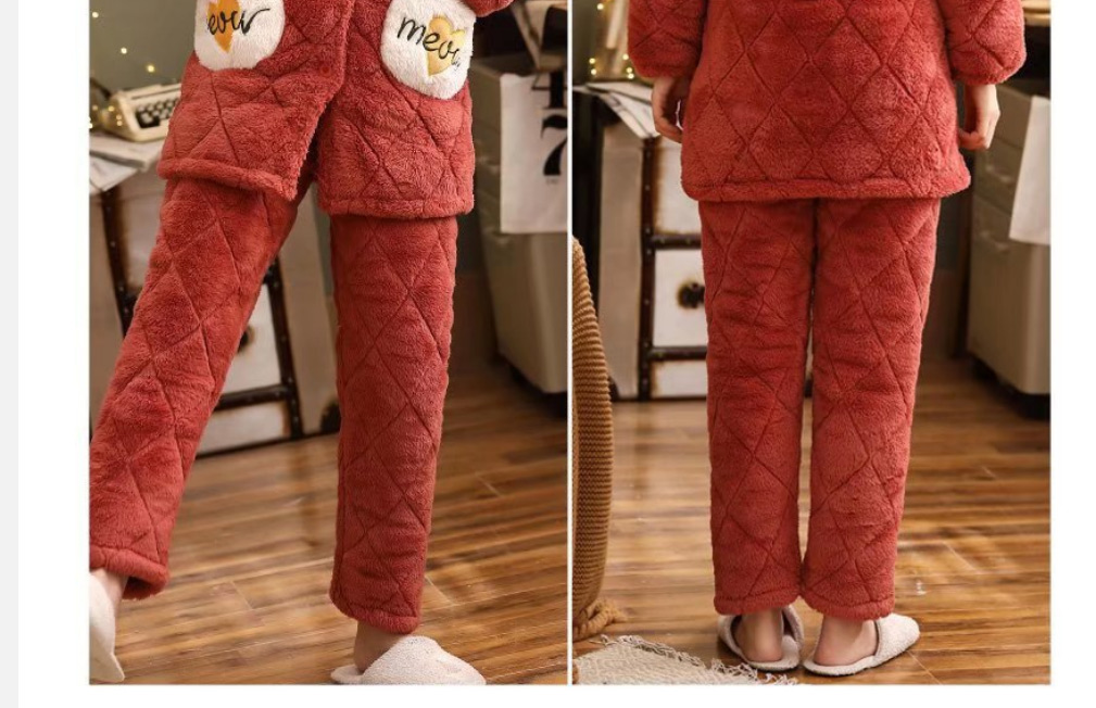 Fashion 5# Coral Fleece Cartoon Thick Quilted Hooded Pajamas Set,CURVE SLEEP & LOUNGE