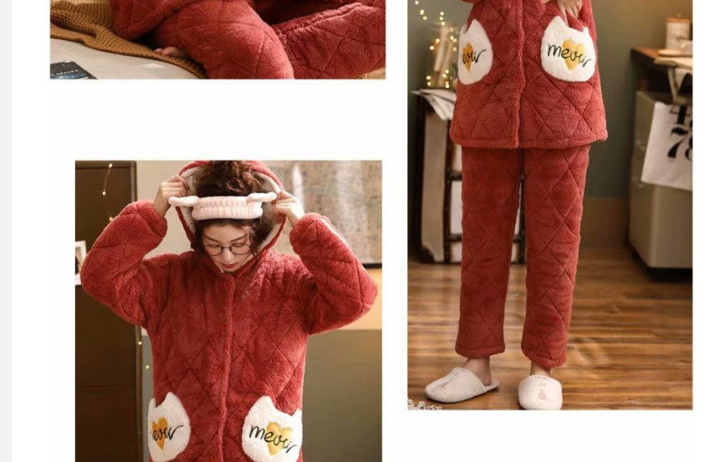 Fashion 5# Coral Fleece Cartoon Thick Quilted Hooded Pajamas Set,CURVE SLEEP & LOUNGE