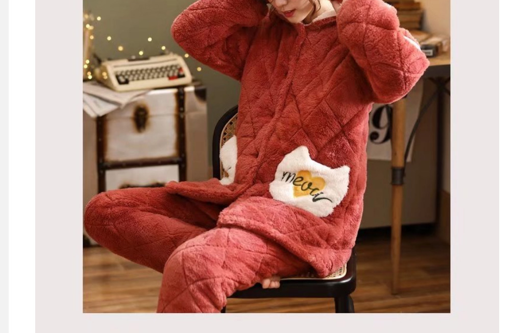 Fashion 3# Coral Fleece Cartoon Thick Quilted Hooded Pajamas Set,CURVE SLEEP & LOUNGE