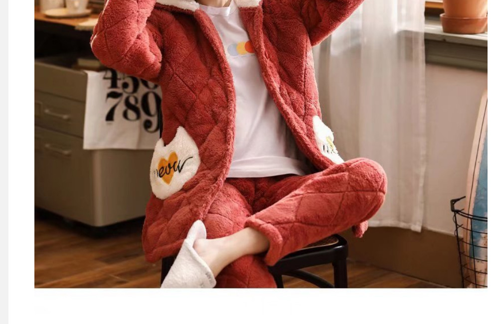 Fashion 7# Coral Fleece Cartoon Thick Quilted Hooded Pajamas Set,CURVE SLEEP & LOUNGE