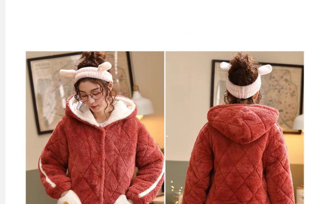 Fashion 6# Coral Fleece Cartoon Thick Quilted Hooded Pajamas Set,CURVE SLEEP & LOUNGE