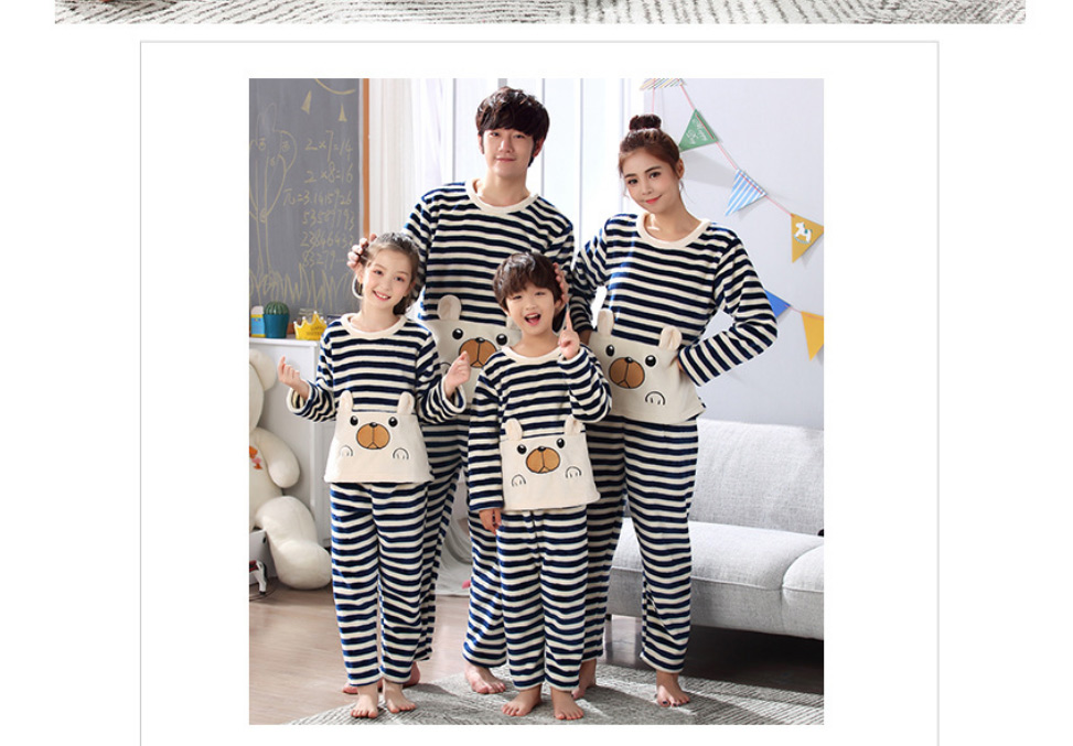 Fashion Striped Bear (large Size) Flannel Cartoon Parent-child Pajamas Set,CURVE SLEEP & LOUNGE