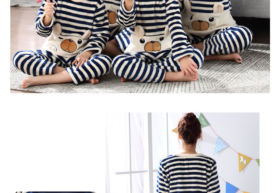 Fashion Striped Bear (large Size) Flannel Cartoon Parent-child Pajamas Set,CURVE SLEEP & LOUNGE