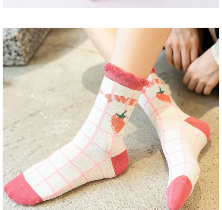 Fashion White Plaid Cotton Strawberry Print Socks,Fashion Socks