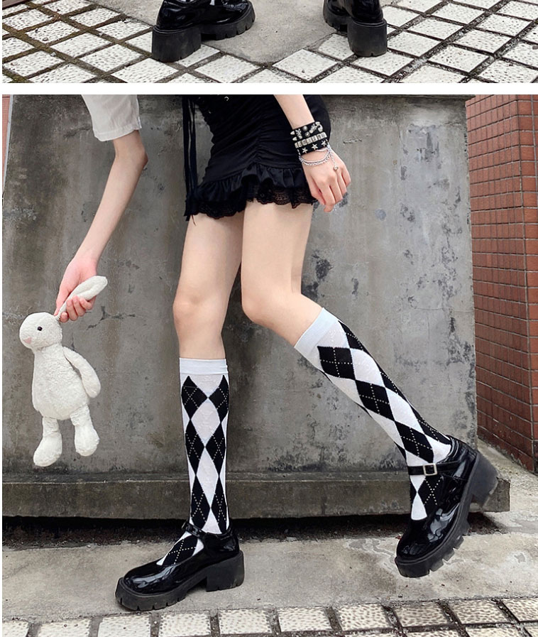 Fashion Black Cotton Rhombus Mid-tube Calf Socks,Fashion Socks
