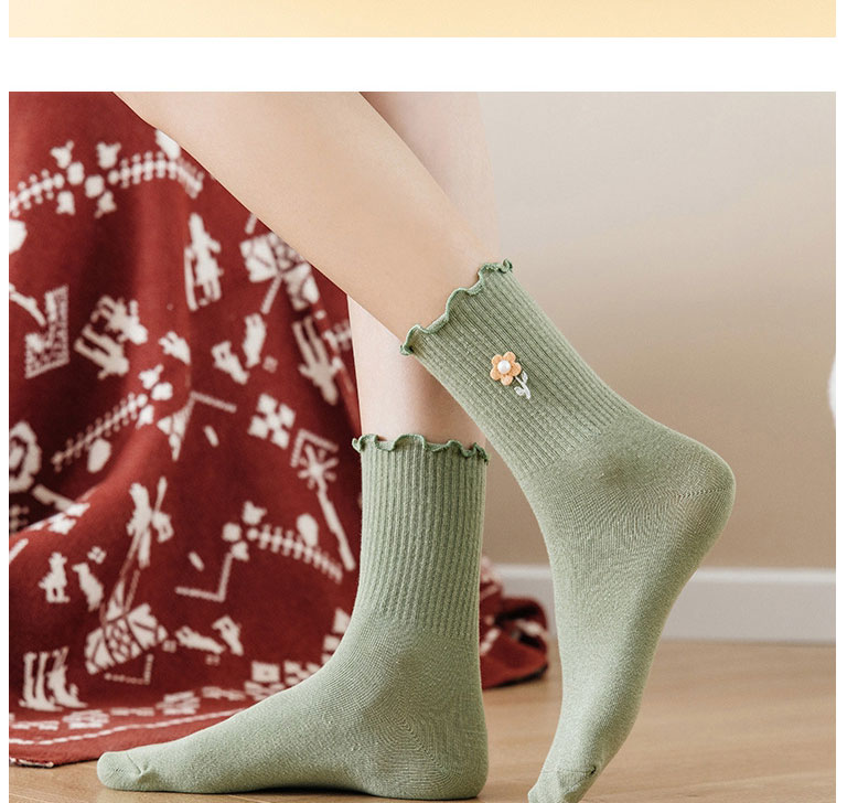 Fashion Green Cotton Flower Embroidered Wood Ear Socks,Fashion Socks