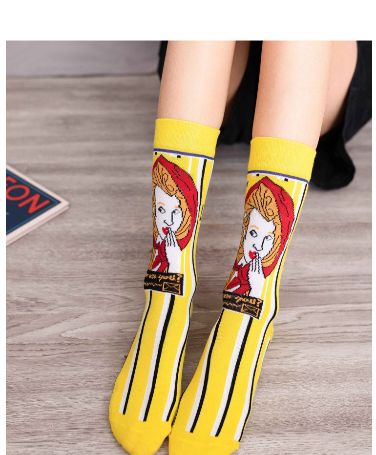 Fashion Socks Mouth Light Yellow Cotton Illustration Cartoon Print Tube Socks,Fashion Socks