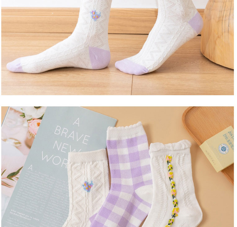 Fashion 1 Row Of Flowers In The Middle Cotton Check Print Socks,Fashion Socks