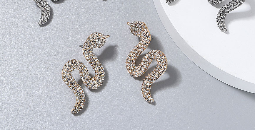 Fashion Gun Black Alloy Full Diamond Snake-shaped Earrings,Stud Earrings