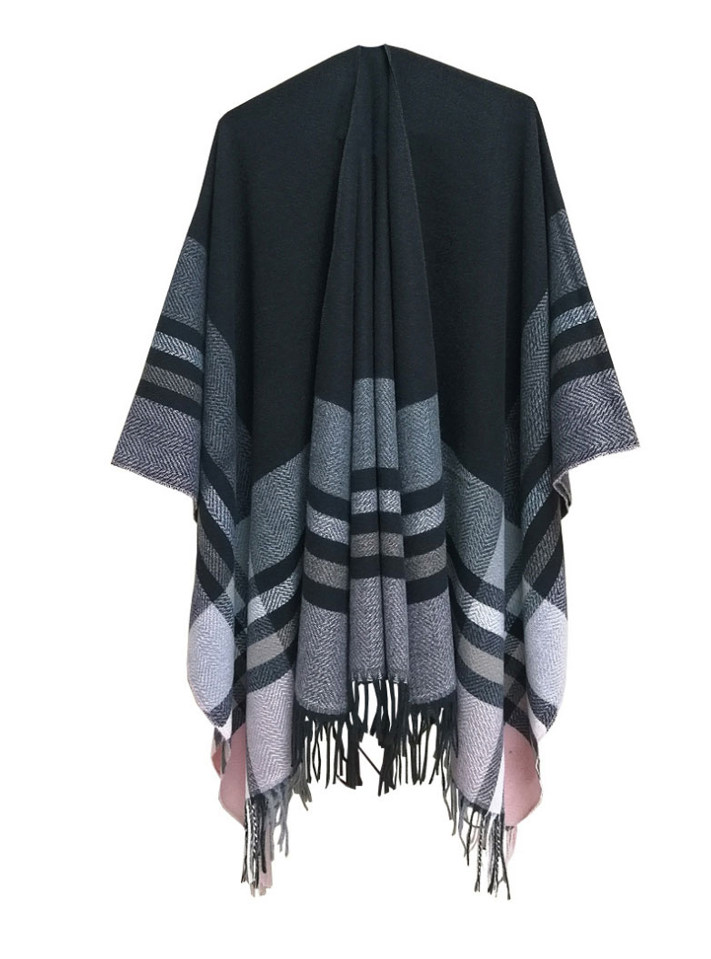 Fashion Sh-23#black Double-sided Plaid Split Shawl,knitting Wool Scaves