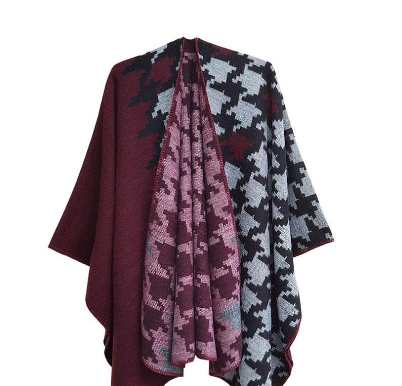 Fashion Khaki Houndstooth Jacquard Split Shawl,knitting Wool Scaves