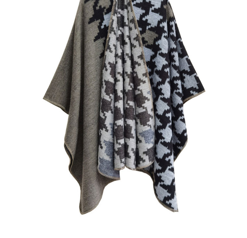 Fashion Grey Houndstooth Jacquard Split Shawl,knitting Wool Scaves