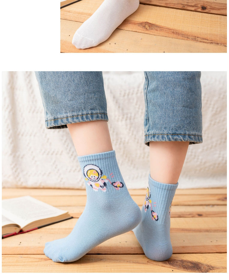 Fashion Blue Cotton Geometric Embroidered Tube Socks,Fashion Socks