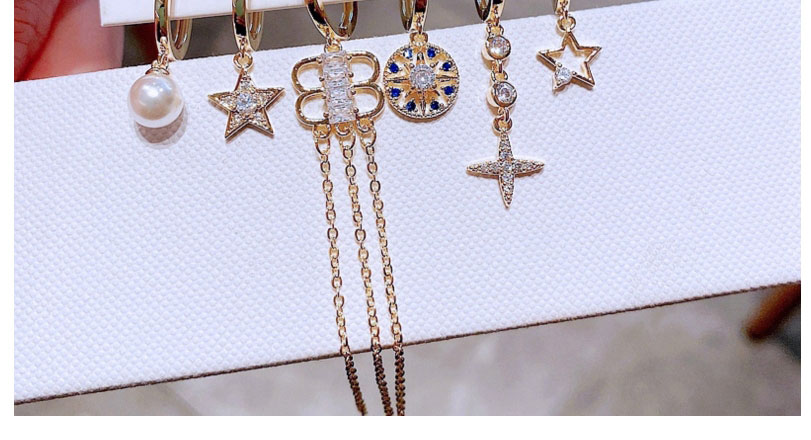 Fashion Gold Color Copper Inlaid Zirconium Pearl Five-pointed Star Tassel Earring Set,Earring Set