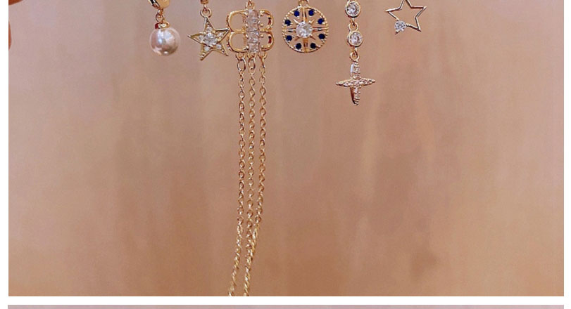 Fashion Gold Color Copper Inlaid Zirconium Pearl Five-pointed Star Tassel Earring Set,Earring Set