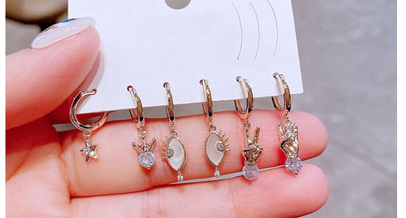 Fashion Gold Color Copper Inlaid Zirconium Five-pointed Star Eye Gesture Earrings Set,Earring Set