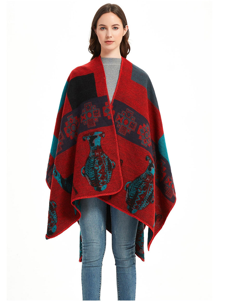 Fashion Sh26-06 Wine Red Geometric Jacquard Split Shawl,knitting Wool Scaves