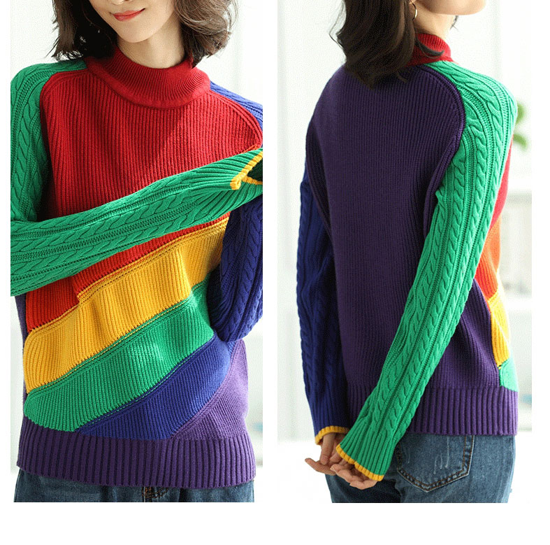 Fashion Rainbow Colors Contrast Knit Turtleneck Sweater,Sweater