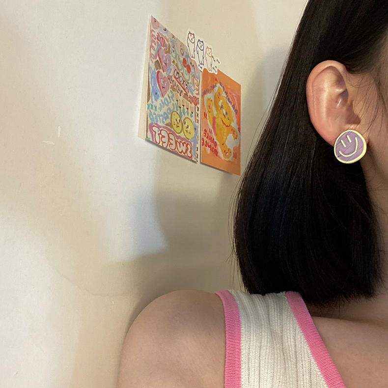 Fashion Yellow Purple Alloy Contrast Color Smiley Ear Studs,Stud Earrings