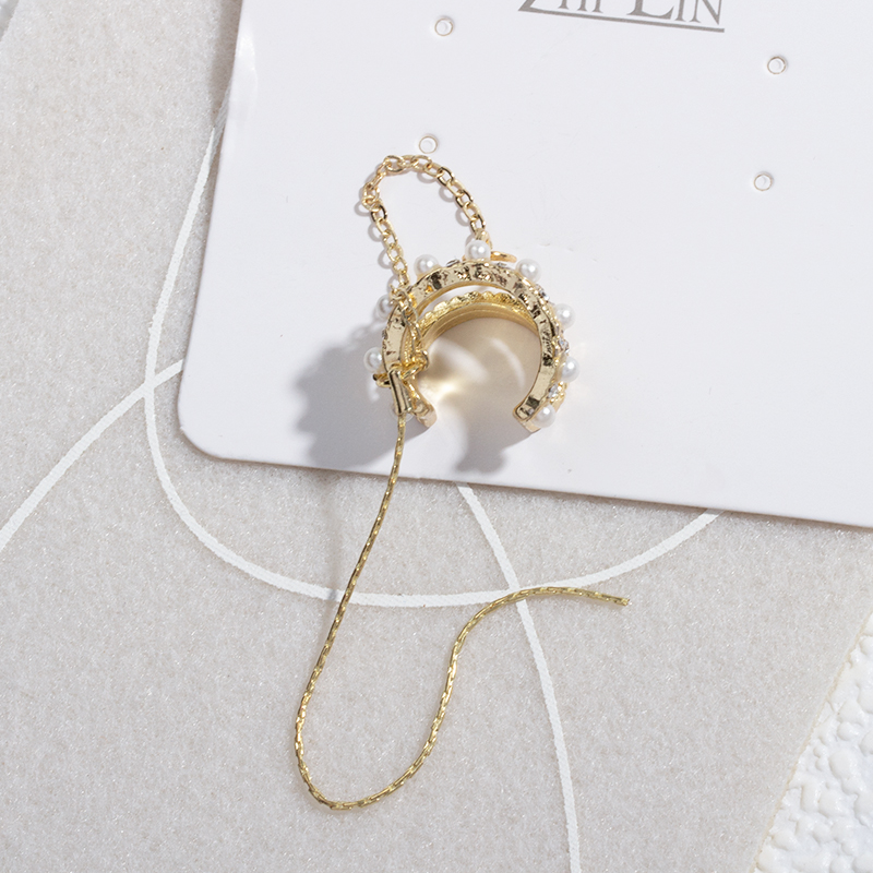 Fashion Gold Color Alloy Diamond Pearl Tassel Ear Clamp,Clip & Cuff Earrings